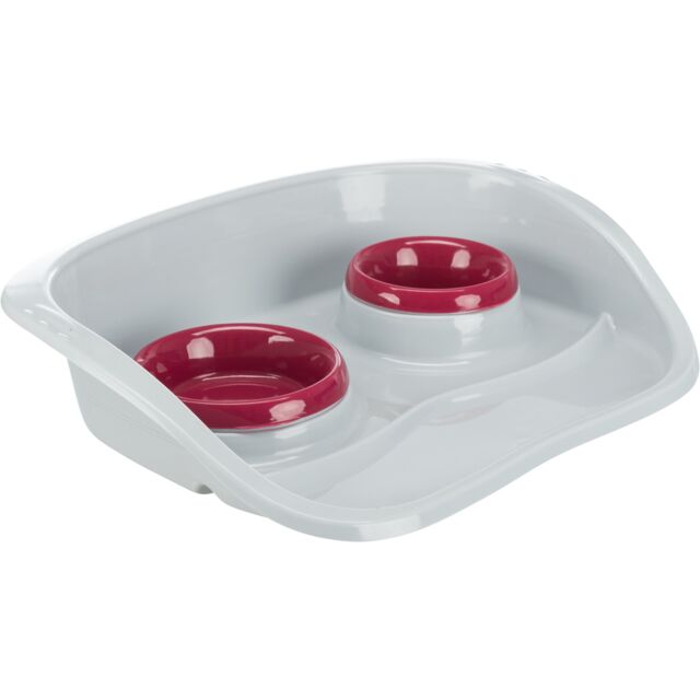 Trixie Plastic Dinner Tray - NonSlip Feeding Station with Splash Guard & 2 Removable Bowls (Small Dogs & Cats)